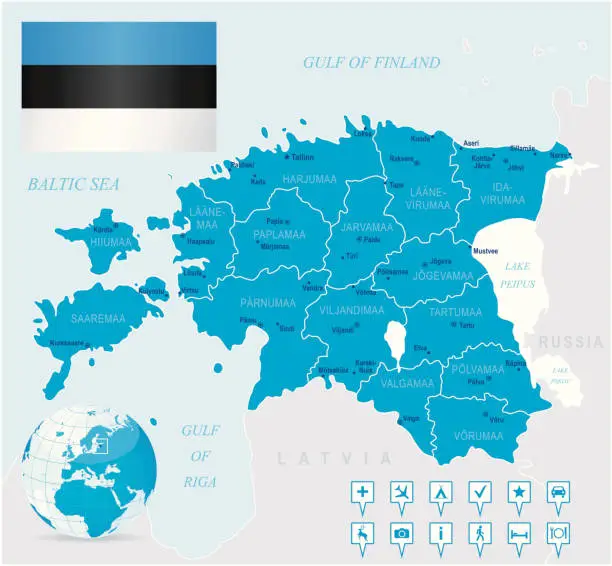 Vector illustration of Map of Estonia - states, cities, flag, navigation icons