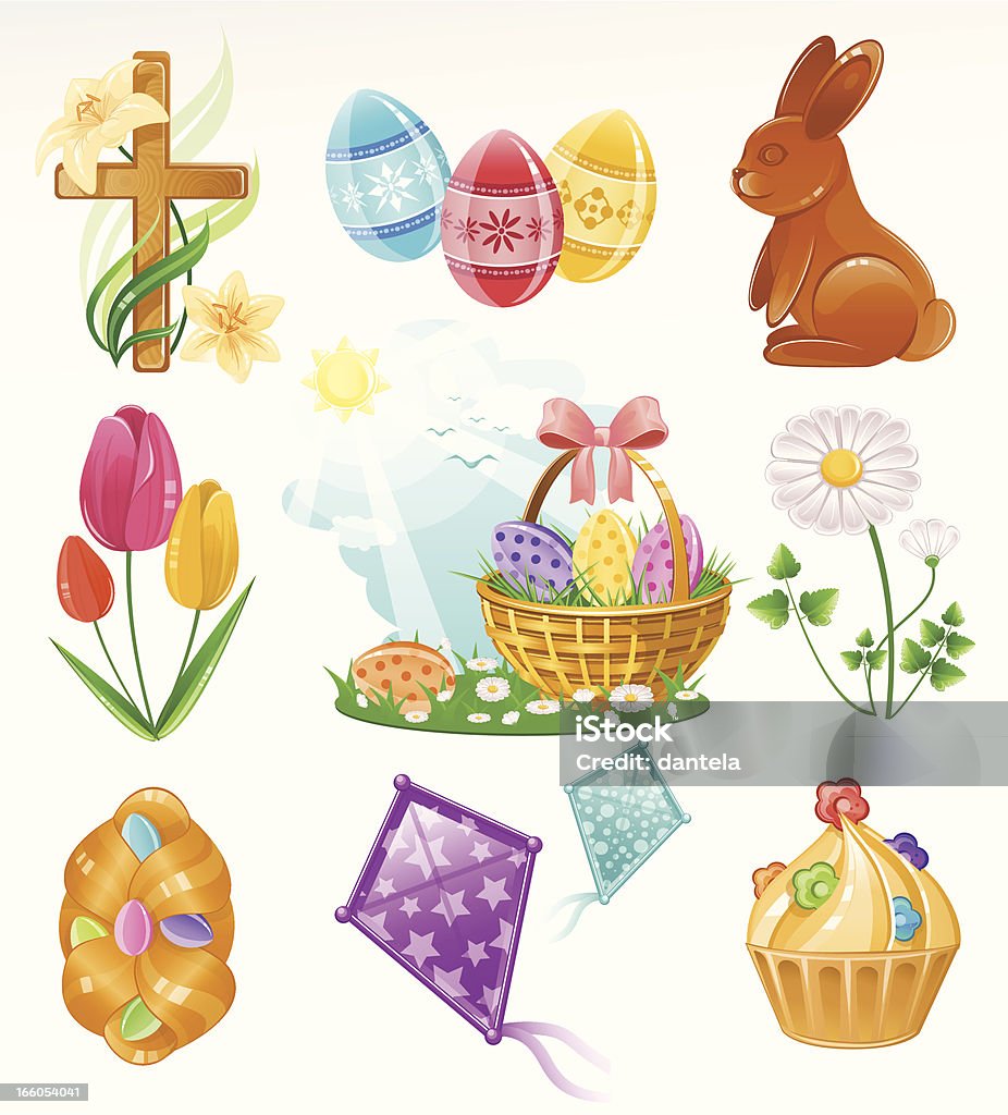 Easter Icon Set Easter icon set including; wooden cross with lilies, painted eggs, chocolate bunny, tulips, a basket full of easter eggs, daisies, easter bread with colorful eggs, kites ans cupcake with flowers. AI 10 EPS file, AI CS6 version is also available. Contains some transparency. Each object grouped separately. Easter Basket stock vector