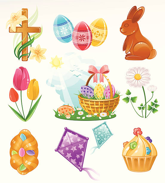 Easter Icon Set Easter icon set including; wooden cross with lilies, painted eggs, chocolate bunny, tulips, a basket full of easter eggs, daisies, easter bread with colorful eggs, kites ans cupcake with flowers. AI 10 EPS file, AI CS6 version is also available. Contains some transparency. Each object grouped separately. pics of a cross easter lilies stock illustrations