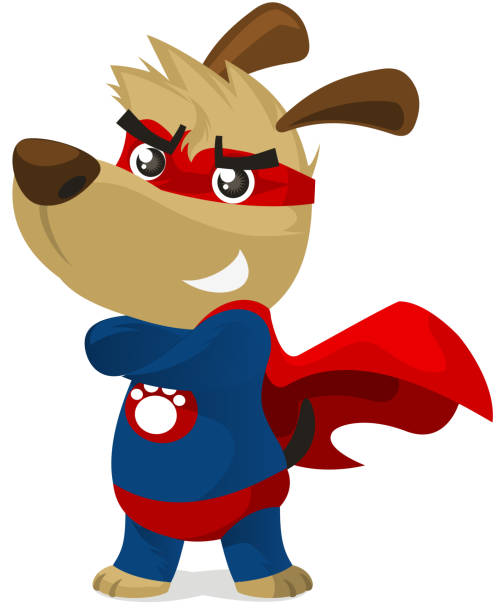 ilustrações de stock, clip art, desenhos animados e ícones de cão super-herói permanente na fantasia de super-herói com pow poderes - heroes dog pets animal