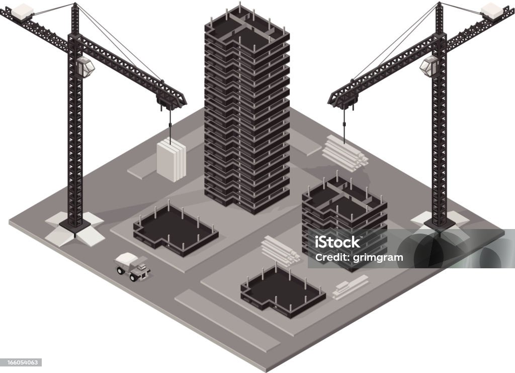 Office Park Under Construction A Vector illustration of modern office buildings under construction with a industrial lifting crane carrying steel girders. Construction Site stock vector