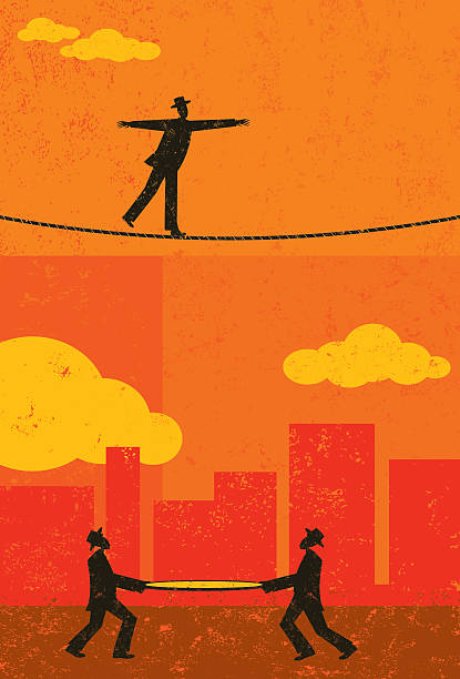 Silhouettes of a tightrope walker secured by a safety net A retro businessman walking a tightrope with two men and a safety net underneath in case he falls. The people & rope and background are on separate labeled layers. safety net stock illustrations