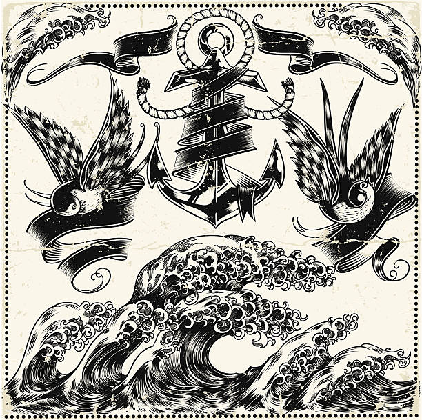 ilustrações, clipart, desenhos animados e ícones de complexo ilustração de símbolos náutico - tattoo