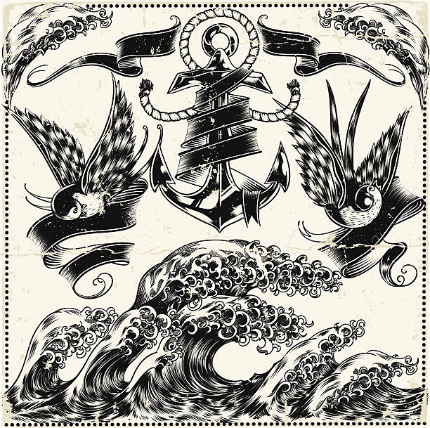 Intricate illustration of nautical symbols Nautical collection, inked style. nautical tattoos stock illustrations