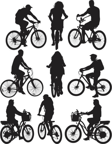 Multiple silhouettes of people on bicycle Multiple silhouettes of people on bicyclehttp://www.twodozendesign.info/i/1.png female mountain biker silhouette stock illustrations