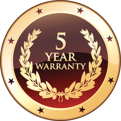 Five year warranty golden shield with stars.