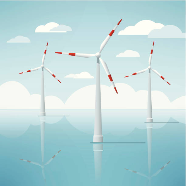 Wind Turbine Offshore Seascape Vector Vector Illustration of three Offshore Wind Turbines. Concept image for Alternative Energy. The colors in the .eps-file are ready for print (CMYK). Transparencies used. All objects are on separate layers. Included files: EPS (v10) and Hi-Res JPG. wind farm sea stock illustrations