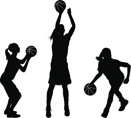Vector illustration of girls playing basketball. These silhouettes are an ai 8 eps file.