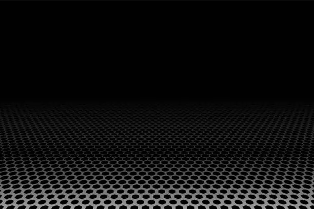 Vector illustration of Hexagonal metal grid texture is below, perspective pattern