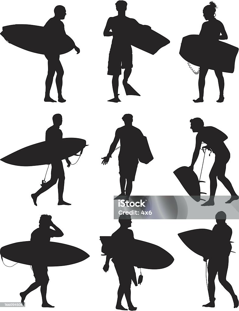 Multiple images of surfers with surfboard Multiple images of surfers with surfboardhttp://www.twodozendesign.info/i/1.png Surfing stock vector