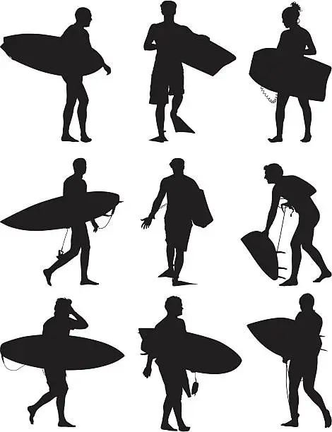 Vector illustration of Multiple images of surfers with surfboard