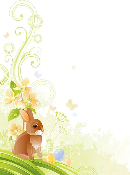 Vector illustration of Vertical Easter background with copyspace, fruit tree branch and bunny