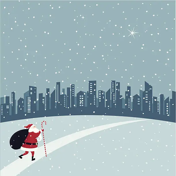 Vector illustration of Santa Claus goes to the city
