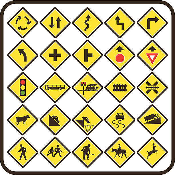 einfach uns der beschilderung: warnung series - railroad crossing train railroad track road sign stock-grafiken, -clipart, -cartoons und -symbole