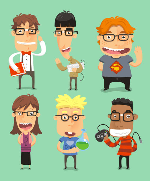 ilustraciones, imágenes clip art, dibujos animados e iconos de stock de nerds en tecnología. situaciones - symbol expertise brain power