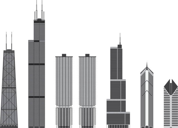 Iconic buildings of Chicago Famous architectural landmarks of Chicago. High resolution JPG, PDF, PNG (transparent background) and AI files available in zip file. prudential tower stock illustrations