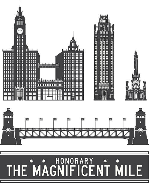 아이콘 시카고-매그니피슨트 마일 - chicago illinois chicago river bridge stock illustrations