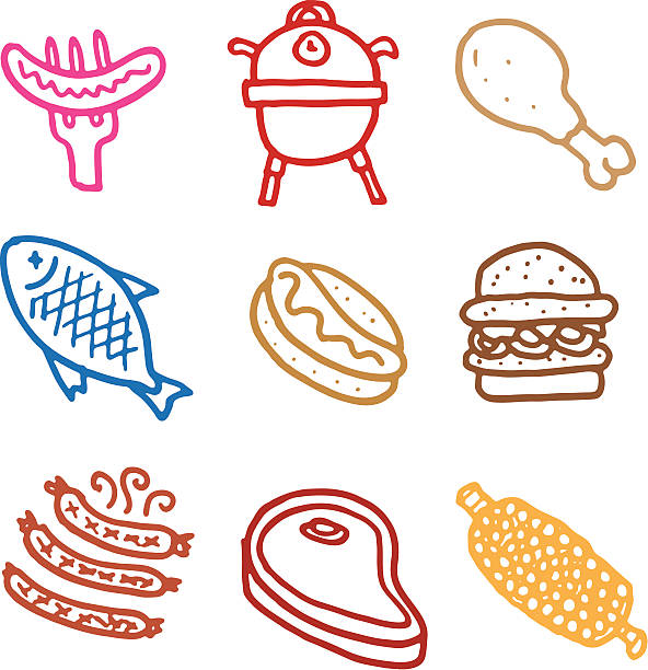 illustrazioni stock, clip art, cartoni animati e icone di tendenza di barbecue doodle icona set - food meat childs drawing prepared fish