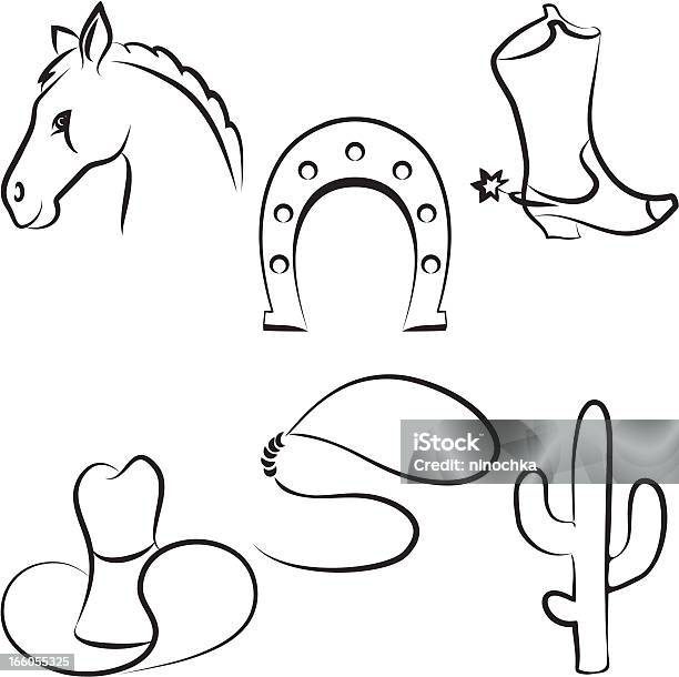 Oeste Selvagem Conjunto - Arte vetorial de stock e mais imagens de Cavalo - Família do Cavalo - Cavalo - Família do Cavalo, Ferradura, Esboço