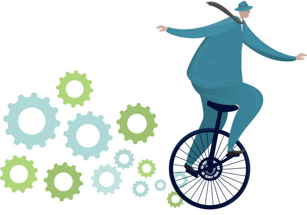 illustrazioni stock, clip art, cartoni animati e icone di tendenza di uomo d'affari passeggiate a un monociclo con ingranaggi - unicycle cycling balance businessman