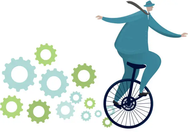 Vector illustration of Businessman riding a unicycle with gears
