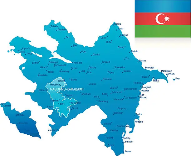 Vector illustration of Map of Azerbaijan - states, cities and flag