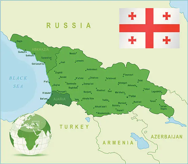 Vector illustration of Green Map of Georgia - states, cities and flag
