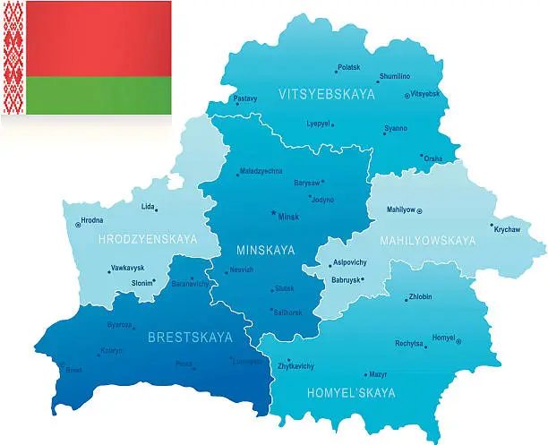 Vector illustration of Map of Belarus - states, cities and flag