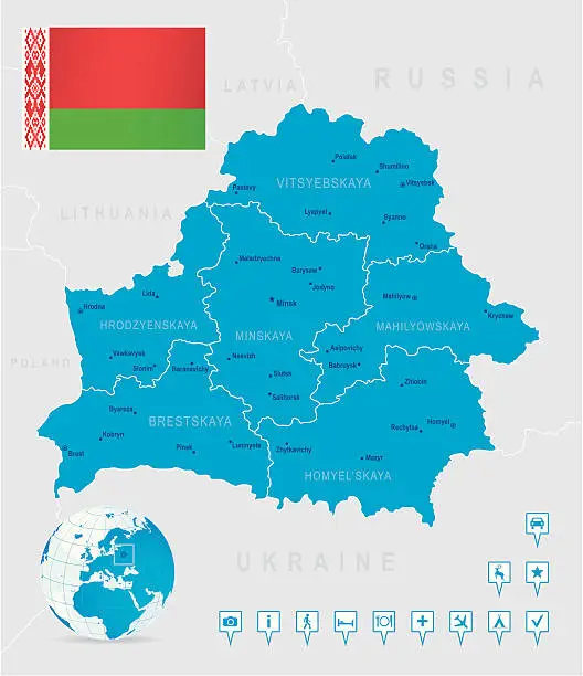 Vector illustration of Map of Belarus - states, cities, flag, navigation icons