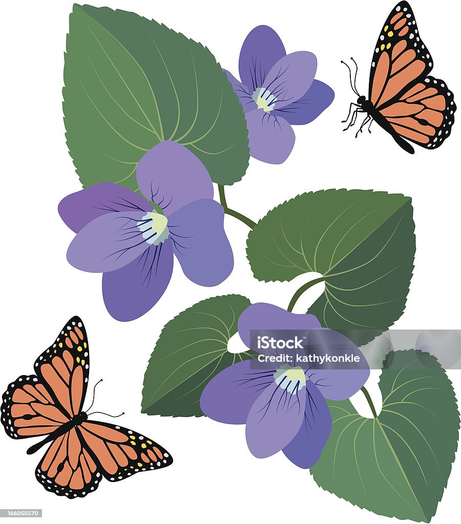 Violetas e monarch borboletas - Vetor de Borboleta-Monarca royalty-free