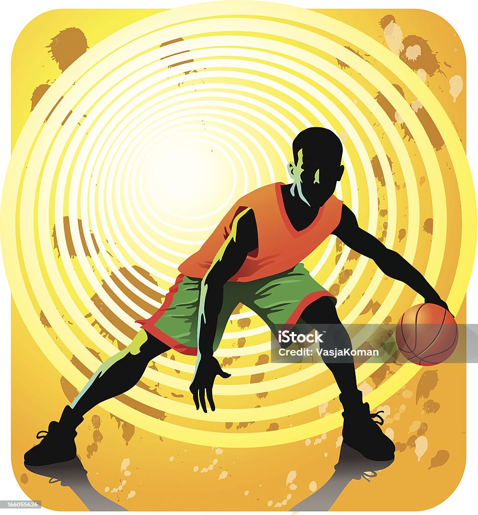 Basketball Player In Crossover Dribble Grunge style illustration of a point guard doing a crossover dribble. In Silhouette stock vector