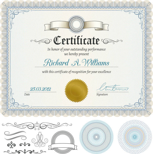 Certificate "Certificate with design elements.All elements are separate objects. File is layered, global colors used and hi res jpeg included. Please take a look at other works of mine linked below." diploma stock illustrations