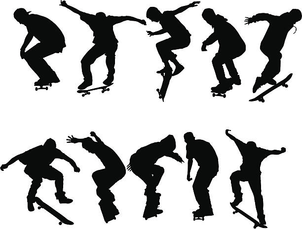 ilustrações de stock, clip art, desenhos animados e ícones de silhuetas skateboarders - skateboarding skateboard silhouette teenager