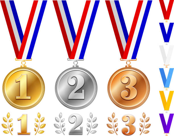 ilustraciones, imágenes clip art, dibujos animados e iconos de stock de medallas de oro, plata y bronce con cintas - podium medal gold medal ribbon