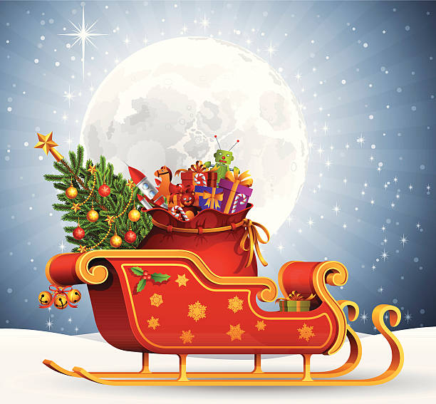 ilustrações, clipart, desenhos animados e ícones de trenó do papai noel - santa claus sleigh toy christmas