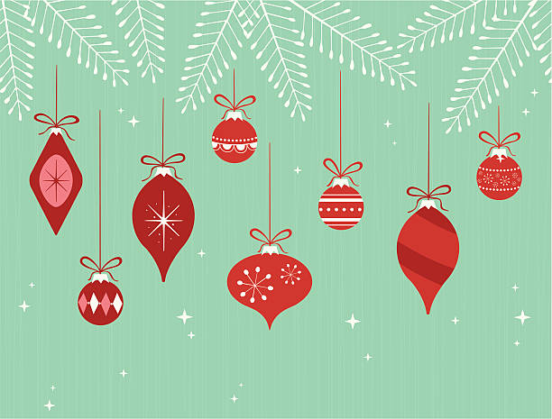 Hanging Christmas ornaments on branches Christmas ornaments in a retro style hanging off fir branches with sparkles. Seamless horizontally. AI CS4 file included.  All elements labeled and organized on separate layers.  christmas christmas decoration christmas tree tree stock illustrations