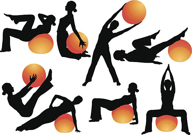 ilustraciones, imágenes clip art, dibujos animados e iconos de stock de pelota de ejercicio ejercicios - stretching exercising gym silhouette