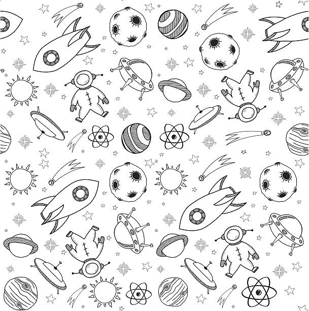 Hand drawn seamless space doodle Vector illustration of seamless space doodle astronaut backgrounds stock illustrations