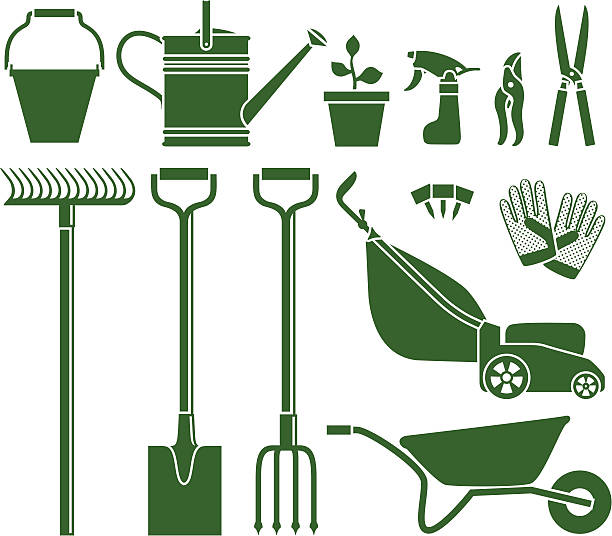 ilustrações, clipart, desenhos animados e ícones de ferramentas de jardim de escavação & equipamentos de aparar - watering can shovel rake silhouette