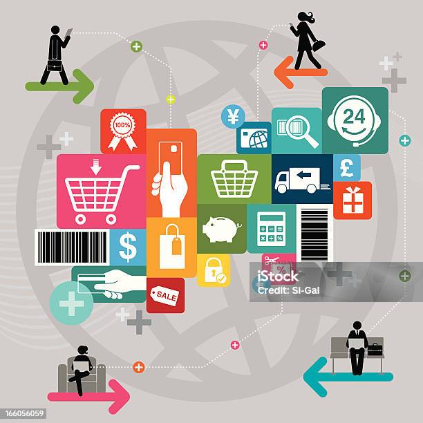 Compras Online - Arte vetorial de stock e mais imagens de Comércio - Consumismo - Comércio - Consumismo, Símbolo do Euro, A usar um telefone