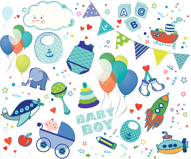 baby мальчик элементы набора - pattern bunting confetti newborn stock illustrations