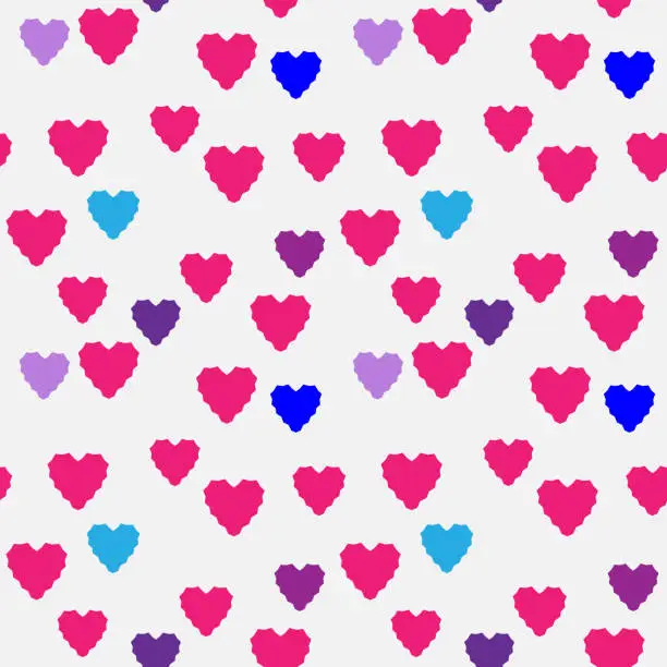 Vector illustration of Seamless pattern with pink hearts. Vector illustration. Trendy background with geometric hearts of different colors and sizes. Romantic print design.