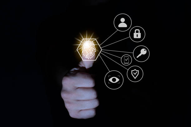 istock Finger touch scan with related icon dark background 1660570992