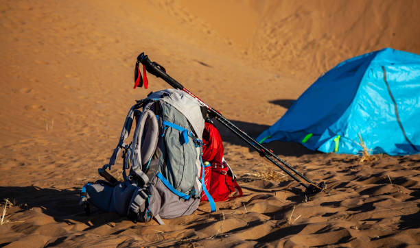 istock Camping in the desert with backpack and tent 1660571653