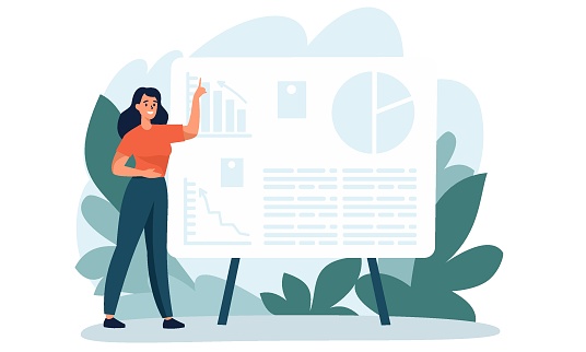Flat vector illustration. Girl standing in front of a large banner and giving a presentation.