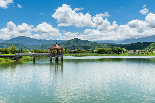 It's very beautiful lake landscape with clouds at Whanggan of ChungBuk in Korea. There is a pavilion as named WollyBong.