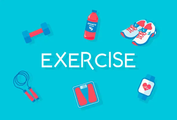 Vector illustration of Exercise. Dumbbell, Sports Drink, Sports Shoes, Jump Rope, Weight Scale, Smart Watch.