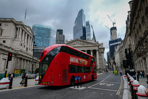 London, UK - August 24, 2023: A red London bus operated by Arriva on Bishopsgate in the City of London.