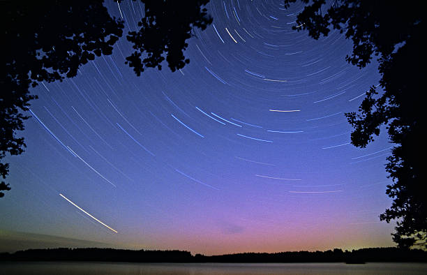 星トレイルズでの木の枝 - star shape sky star aurora borealis ストックフォトと画像