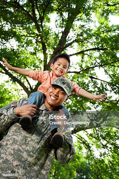 Army Family Series Young American Soldier Son Stock Photo - Download Image Now - Carrying On Shoulders, Child, Military